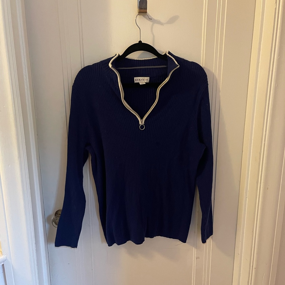 Ava & Viv Navy V-Neck Sweater with Cream Trim